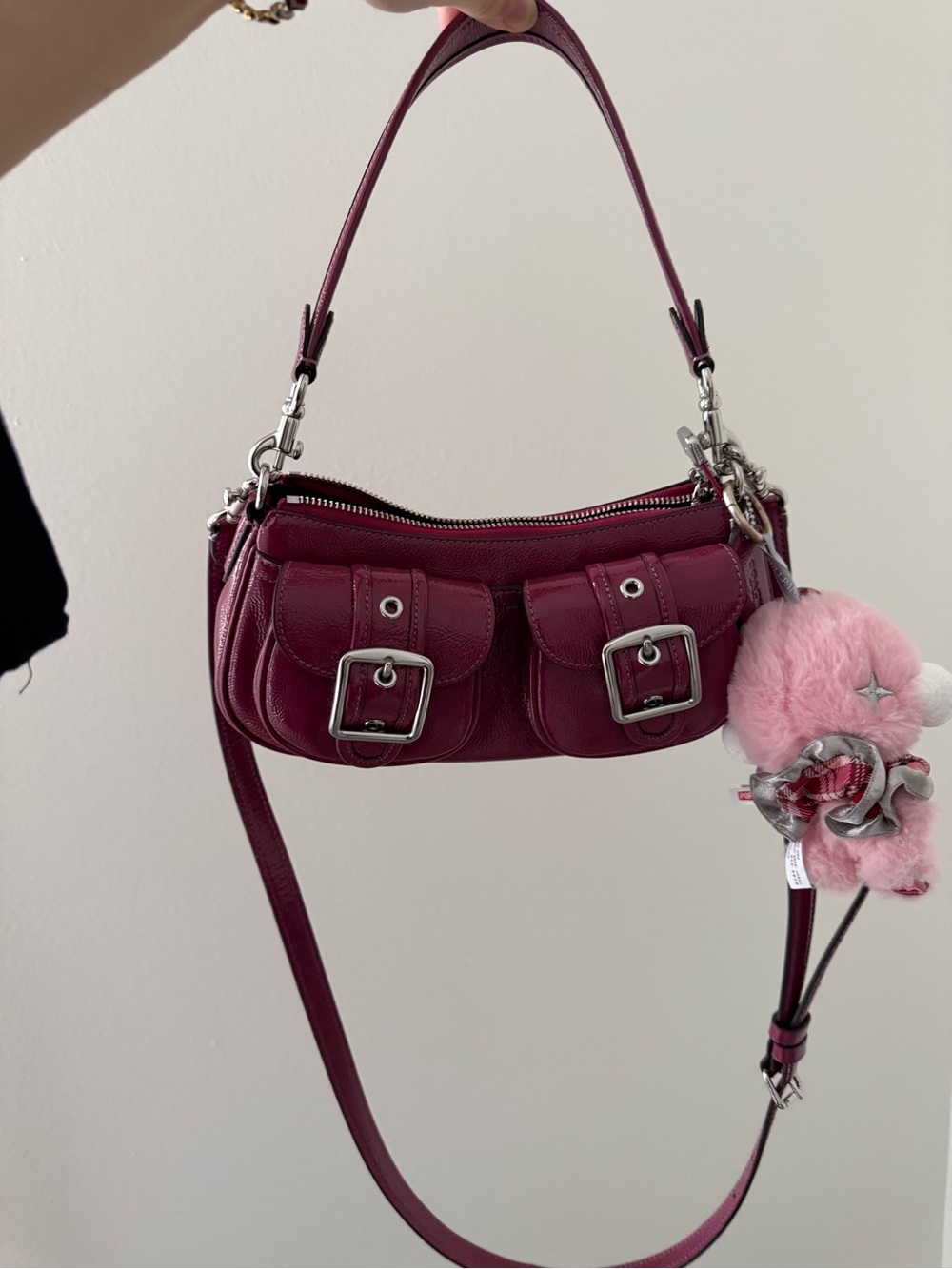 Coach Plum Leather Shoulder Bag with Buckle Pockets